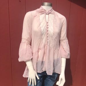 Free People Sheer Pink Flowy Long Sleeve Size L